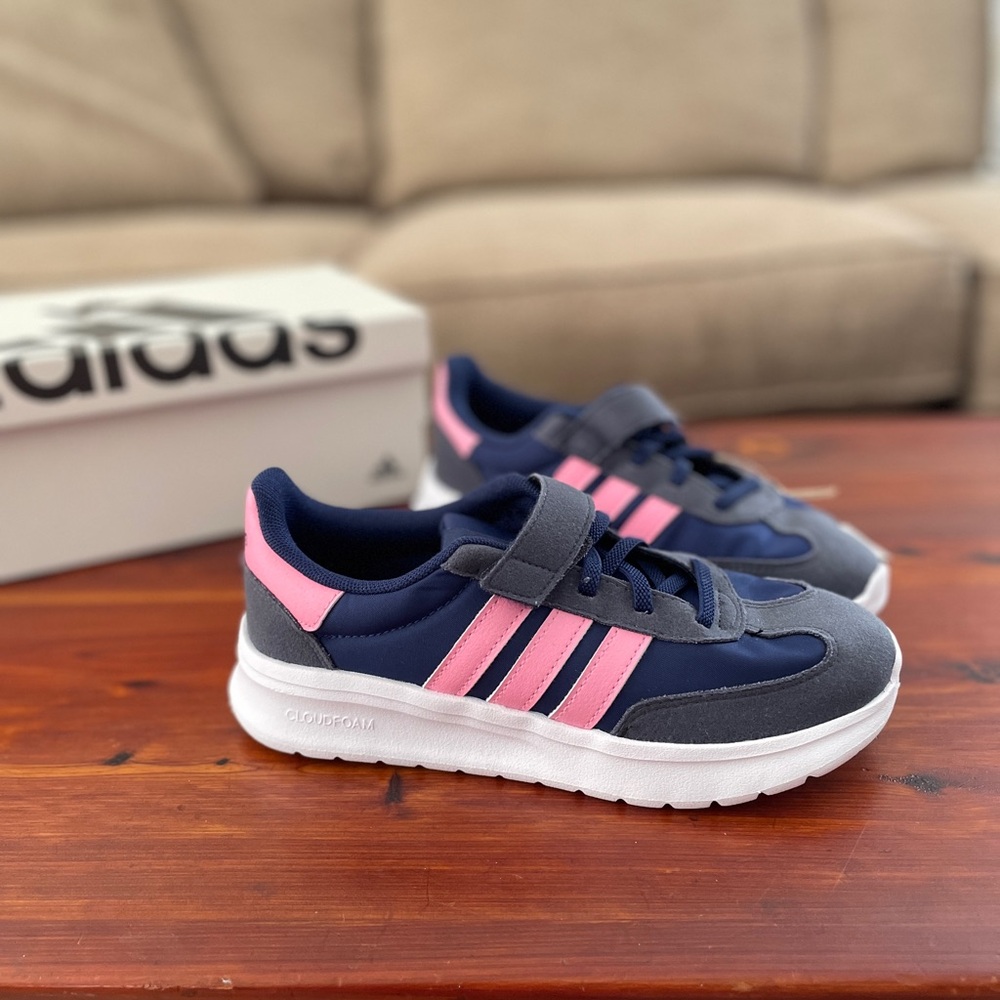 Adidas Girls Youth 3 Navy Blue Pink Velcro Sneakers Run 70s 2.0 NWT